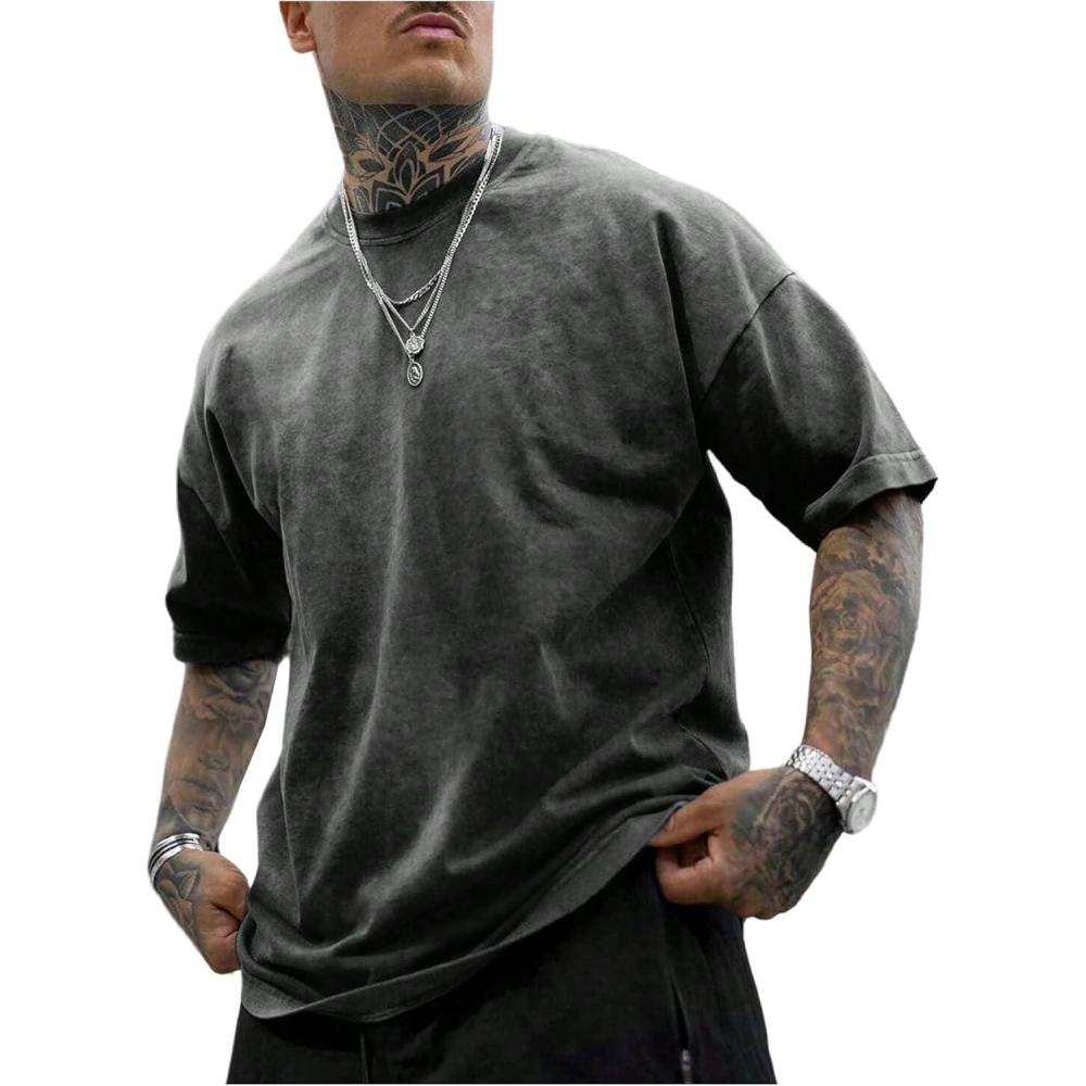 image:imageGORGLITTER Mens Oversized Tshirts Short Sleeve Vintage Washed Loose Tees StreetwearBlack