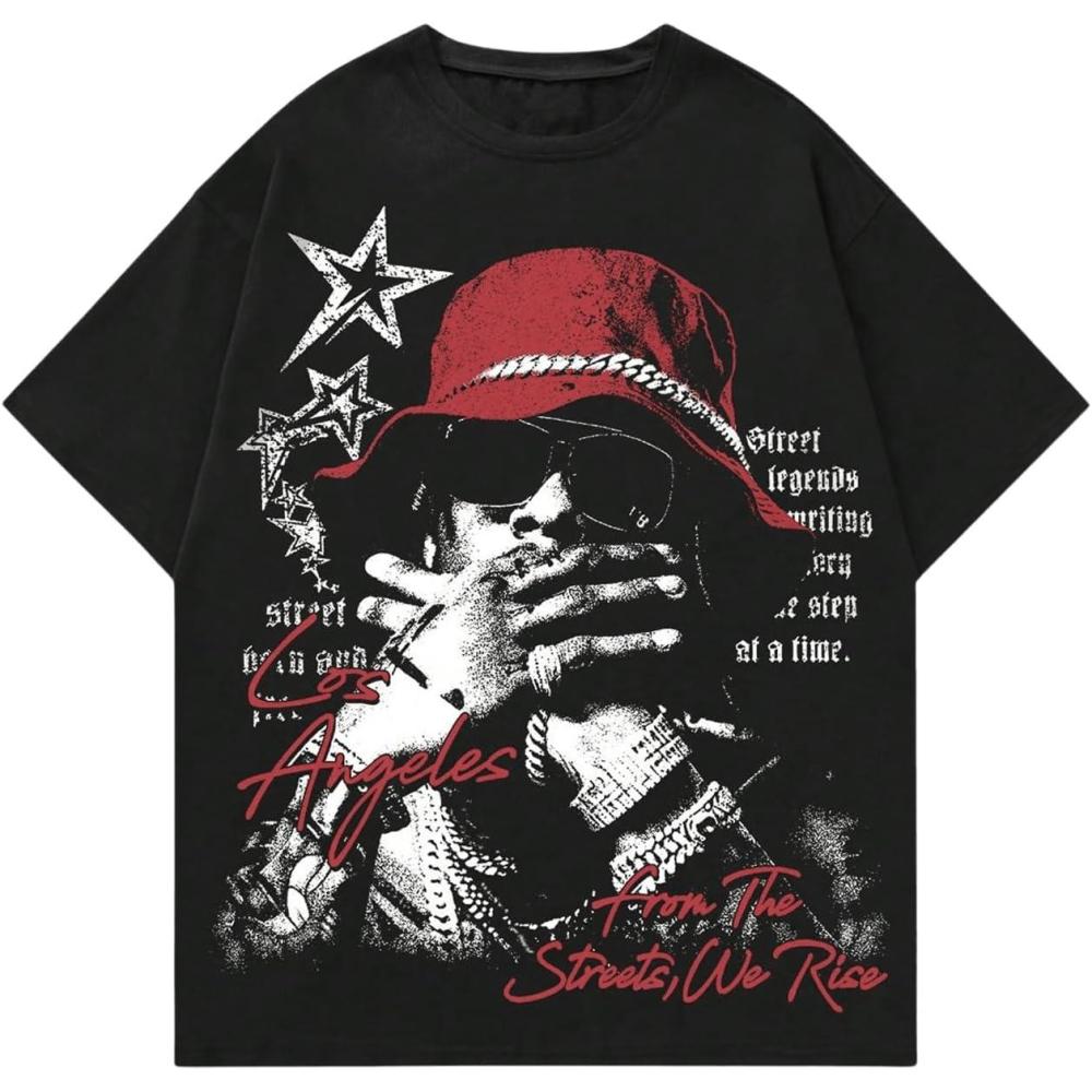 image:imageGORGLITTER Mens Y2K Graphic Tee Oversized Crewneck Short Sleeve Drop Shoulder Vintage Boxy Streetwear Casual T ShirtBlack Graphic Print
