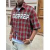 image:imageGORGLITTER Mens Gingham Cropped Shirt Button Up Checkered Jersey Y2K Graphic Boxy Cool Streetwear Crop TopsRed
