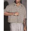 image:imageGORGLITTER Mens Gingham Cropped Shirt Button Up Number Graphic Boxy Short Sleeve Vacation Crop Tee Tops StreetwearMulticolor Brown