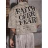 image:imageGORGLITTER Mens Gingham Cropped Shirt Button Up Number Graphic Boxy Short Sleeve Vacation Crop Tee Tops StreetwearMulticolor Brown
