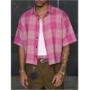 image:imageGORGLITTER Mens Gingham Cropped Shirt Button Up Number Graphic Boxy Short Sleeve Vacation Crop Tee Tops StreetwearPink