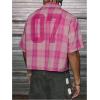 image:imageGORGLITTER Mens Gingham Cropped Shirt Button Up Number Graphic Boxy Short Sleeve Vacation Crop Tee Tops StreetwearPink
