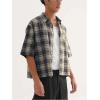 image:imageGORGLITTER Mens Gingham Cropped Shirt Plaid Button Up Short Sleeve Checkered Vintage Streetwear Crop Tops TeeBlue
