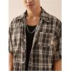 image:imageGORGLITTER Mens Striped Boxy Copped Shirt Pocket Patched Button Up Short Sleeve Baggy Cropped TopsBrown Plaid