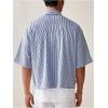 image:imageGORGLITTER Mens Striped Button Down Up Cropped T Shirt Short Sleeve Letter Summer Vacation Shirts Boxy Tees StreetwearBlue