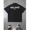 image:imageGORGLITTER Mens Striped Button Down Up Cropped T Shirt Short Sleeve Letter Summer Vacation Shirts Boxy Tees StreetwearDeep Black and White