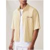 image:imageGORGLITTER Mens Striped Button Down Up Cropped T Shirt Short Sleeve Letter Summer Vacation Shirts Boxy Tees StreetwearYellow