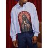 image:imageGORGLITTER Mens Striped Cropped Shirt Y2K Graphic Long Sleeve Collared Button Down Boxy Shirts Cool Vintage StreetwearBlue and White