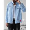image:imageGORGLITTER Mens Striped Shirt Letter Embroidered Long Sleeve Button Down Collared Shirts Fall Trendy 2025Blue and White