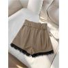 image:imageGORGLITTER Womens Pleated Lace Belted Dress Shorts Wide Leg Tailored Formal Dressy Work Shorts with PocketsCoffee Brown