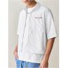image:imageMens Striped Button Down Up Cropped T Shirt Letter Graphic Short Sleeve Collar TopWhite