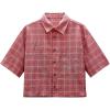 image:imageGORGLITTER Mens Gingham Cropped Shirt Button Up Y2K Rhinestone Short Sleeve Boxy Collared Plaid Streetwear Crop TopsRed