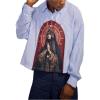 image:imageGORGLITTER Mens Striped Cropped Shirt Y2K Graphic Long Sleeve Collared Button Down Boxy Shirts Cool Vintage StreetwearBlue and White