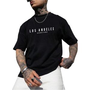 image:imageGORGLITTER Mens Crewneck T Shirt Letter Graphic Short Sleeve Casual Drop Shoulder Oversized TeeBlack La Print