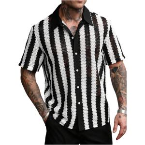 image:imageGORGLITTER Mens Crochet Shirt Button Up Knit Shirts Short Sleeve Crochet Collared Hollow Out Tops Cruise Outfits 2026Black and White