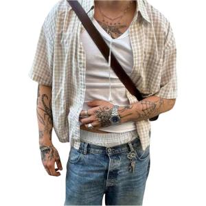 image:imageGORGLITTER Mens Cropped Button Down Shirt Plaid Y2k Short Sleeve Pocket Patched Gingham Collar Tops StreetwearWhite and Brown