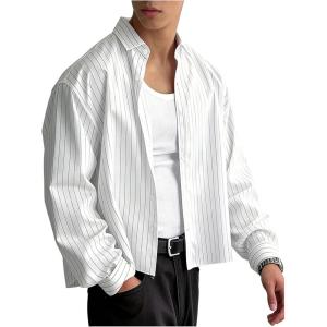 image:imageGORGLITTER Mens Cropped Button Down Shirts Striped Long Sleeve Oversized Casual Shirt Hip Hop StreetwearWhite