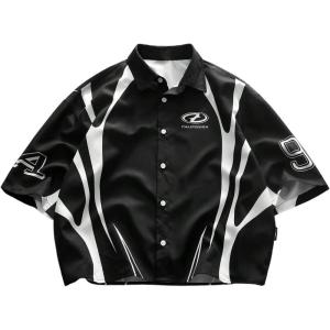 image:imageGORGLITTER Mens Cropped Button Up Shirts Casual Y2k Graphic Button Down Short Sleeve Collared Tee Shirts TopsBlack