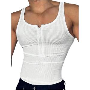 image:imageGORGLITTER Mens Half Zip Ribbed Knit Tank Top Sleeveless Slim Fit Muscle Gym Lightweight Undershirts for WorkoutWhite