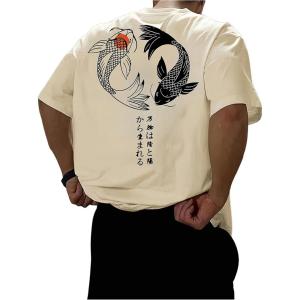 image:imageGORGLITTER Mens Japanese Letter Graphic Tee Top Oversized Short Sleeve Casual Aesthetic Print TShirtApricot Fish  Letter