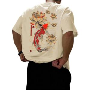 image:imageGORGLITTER Mens Japanese Letter Graphic Tee Top Oversized Short Sleeve Casual Aesthetic Print TShirtApricot Koi  Lotus