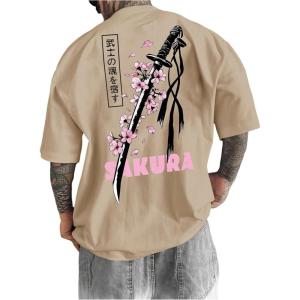 image:imageGORGLITTER Mens Japanese Letter Graphic Tee Top Oversized Short Sleeve Casual Aesthetic Print TShirtApricot Sword  Cherry Blossom