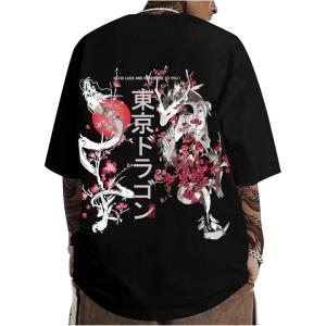 image:imageGORGLITTER Mens Japanese Letter Graphic Tee Top Oversized Short Sleeve Casual Aesthetic Print TShirtBlack Flower  Letter