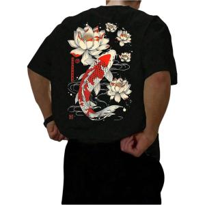 image:imageGORGLITTER Mens Japanese Letter Graphic Tee Top Oversized Short Sleeve Casual Aesthetic Print TShirtBlack Koi  Lotus