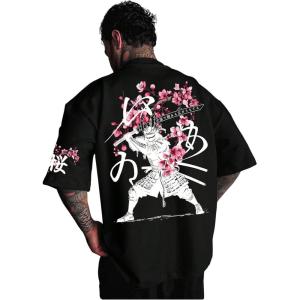 image:imageGORGLITTER Mens Japanese Letter Graphic Tee Top Oversized Short Sleeve Casual Aesthetic Print TShirtBlack Sakura  Samurai
