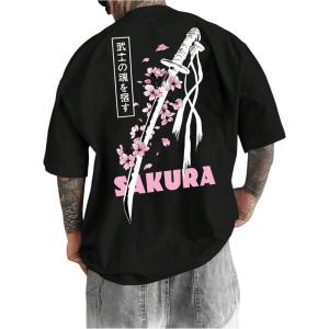 image:imageGORGLITTER Mens Japanese Letter Graphic Tee Top Oversized Short Sleeve Casual Aesthetic Print TShirtBlack Sword  Cherry Blossom