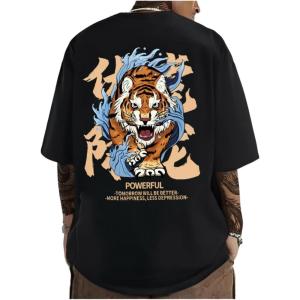 image:imageGORGLITTER Mens Japanese Letter Graphic Tee Top Oversized Short Sleeve Casual Aesthetic Print TShirtBlack Tiger  Letter