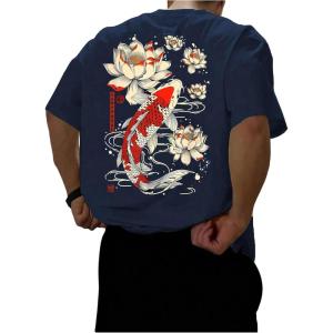 image:imageGORGLITTER Mens Japanese Letter Graphic Tee Top Oversized Short Sleeve Casual Aesthetic Print TShirtBlue Koi  Lotus
