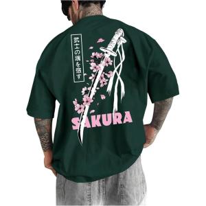 image:imageGORGLITTER Mens Japanese Letter Graphic Tee Top Oversized Short Sleeve Casual Aesthetic Print TShirtDark Green Sword  Cherry Blossom