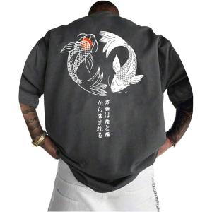 image:imageGORGLITTER Mens Japanese Letter Graphic Tee Top Oversized Short Sleeve Casual Aesthetic Print TShirtDark Grey Fish  Letter