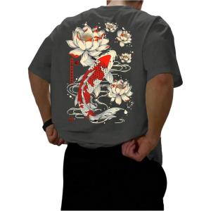 image:imageGORGLITTER Mens Japanese Letter Graphic Tee Top Oversized Short Sleeve Casual Aesthetic Print TShirtDark Grey Koi  Lotus
