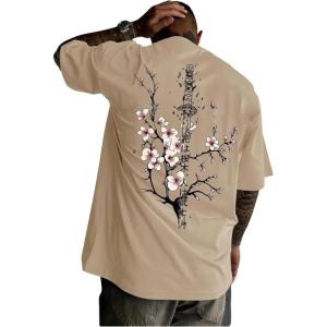 image:imageGORGLITTER Mens Japanese Letter Graphic Tee Top Oversized Short Sleeve Casual Aesthetic Print TShirtKhaki Letter  Flower