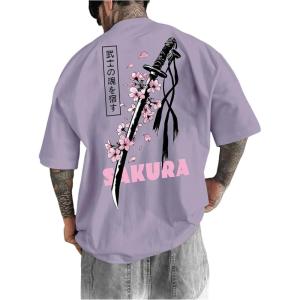 image:imageGORGLITTER Mens Japanese Letter Graphic Tee Top Oversized Short Sleeve Casual Aesthetic Print TShirtMauve Purple Sword  Cherry Blossom