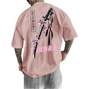 image:imageGORGLITTER Mens Japanese Letter Graphic Tee Top Oversized Short Sleeve Casual Aesthetic Print TShirtPink Sword  Cherry Blossom