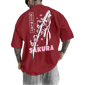 image:imageGORGLITTER Mens Japanese Letter Graphic Tee Top Oversized Short Sleeve Casual Aesthetic Print TShirtRed Sword  Cherry Blossom