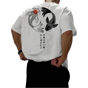 image:imageGORGLITTER Mens Japanese Letter Graphic Tee Top Oversized Short Sleeve Casual Aesthetic Print TShirtWhite Fish  Letter