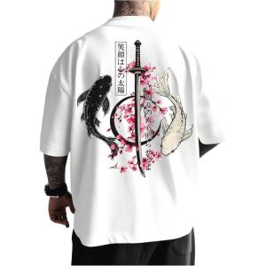 image:imageGORGLITTER Mens Japanese Letter Graphic Tee Top Oversized Short Sleeve Casual Aesthetic Print TShirtWhite Koi Fish  Samurai Sword