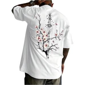 image:imageGORGLITTER Mens Japanese Letter Graphic Tee Top Oversized Short Sleeve Casual Aesthetic Print TShirtWhite Letter  Flower