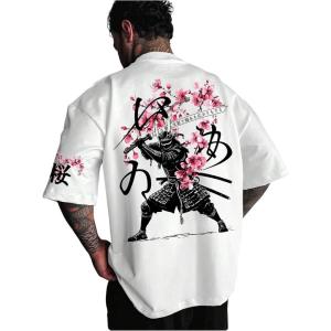 image:imageGORGLITTER Mens Japanese Letter Graphic Tee Top Oversized Short Sleeve Casual Aesthetic Print TShirtWhite Sakura  Samurai