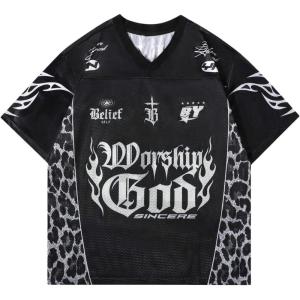 image:imageGORGLITTER Mens Leopard Jersey Shirt Graphic Mesh Short Sleeve V Neck Streetwear TopsBlack