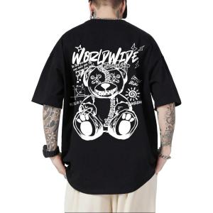image:imageGORGLITTER Mens Letter Graphic Print T Shirts Round Neck Short Sleeve Loose Tee TopsBlack Bear and Letter
