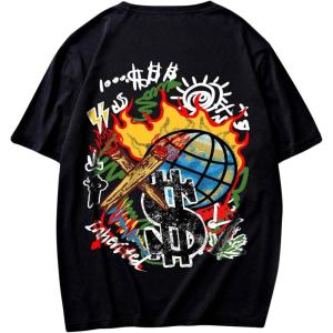 image:imageGORGLITTER Mens Letter Graphic Print T Shirts Round Neck Short Sleeve Loose Tee TopsBlack Cartoon  Letter