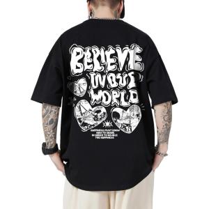 image:imageGORGLITTER Mens Letter Graphic Print T Shirts Round Neck Short Sleeve Loose Tee TopsBlack Heart