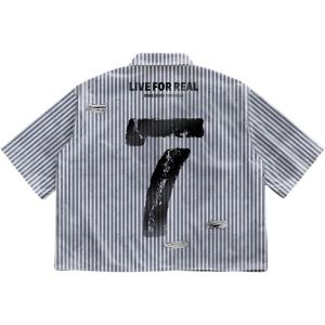 image:imageGORGLITTER Mens Letter Graphic Striped Cropped Button Down Shirts Ripped Short Sleeve Y2k Tops Casual StreetwearWhite and Grey