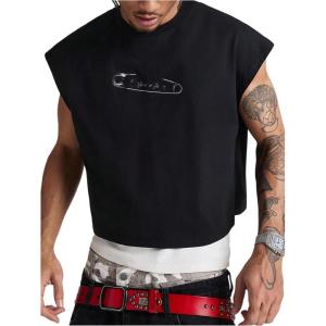 image:imageGORGLITTER Mens Letter Graphic Y2k Cropped Top Dolman Sleeve Crewneck Oversized Tank TopsColorful Black